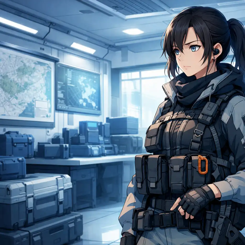 Futurisztikus felszerelésű anime ihletésű operátor egy világos parancsnoki térben