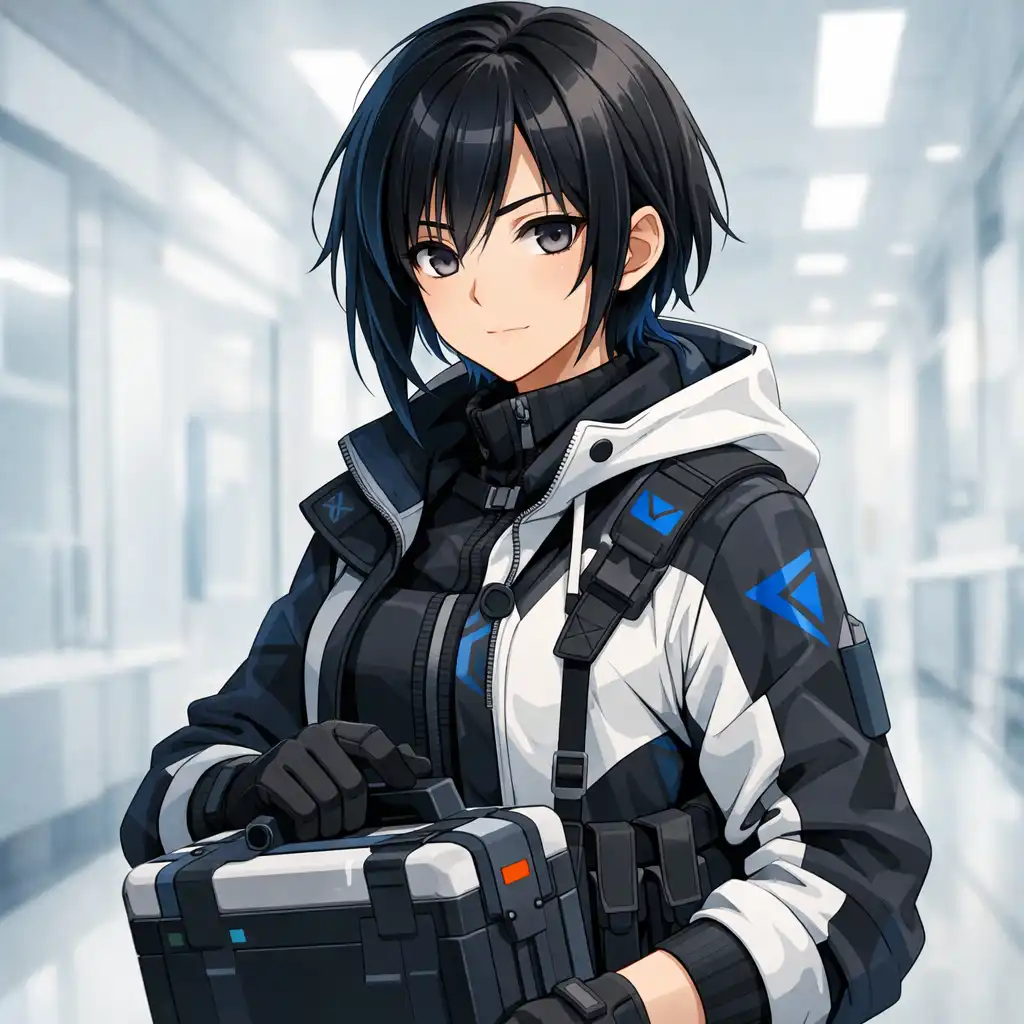 Anime ihletésű taktikai szakértő portréja világos folyosó előtt
