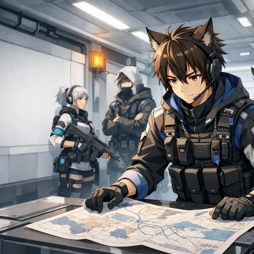 Illusztratív anime stílusú operátorcsapat taktikai egyeztetés közben egy világos parancsnoki folyosón