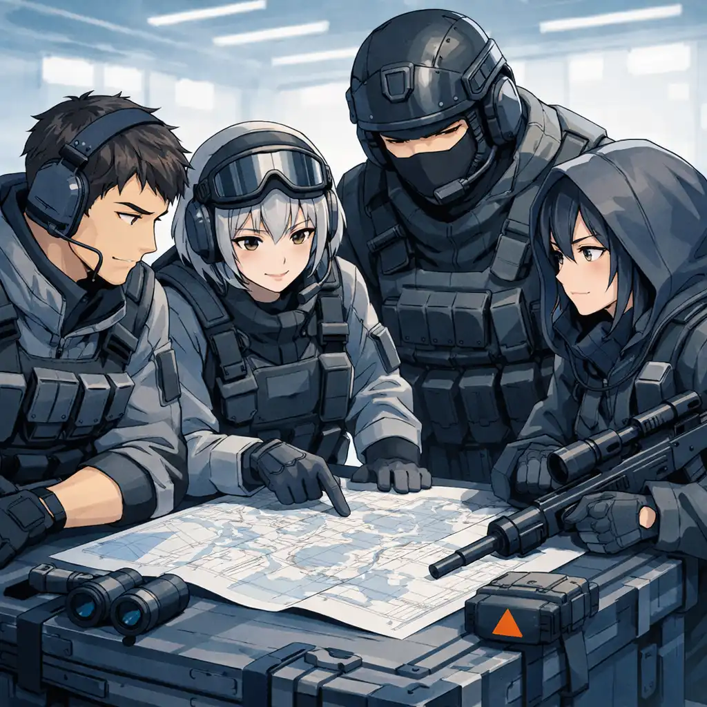 Négy anime stílusú operátor térkép körül egyeztet egy bevetés előtt.